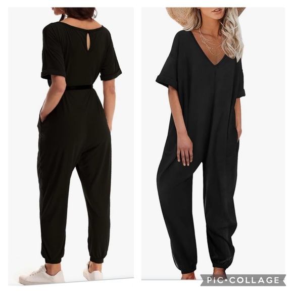 Pants - JUMPSUIT BLACK V-NECK HALF SLEEVE BAGGY LOOSE FIT